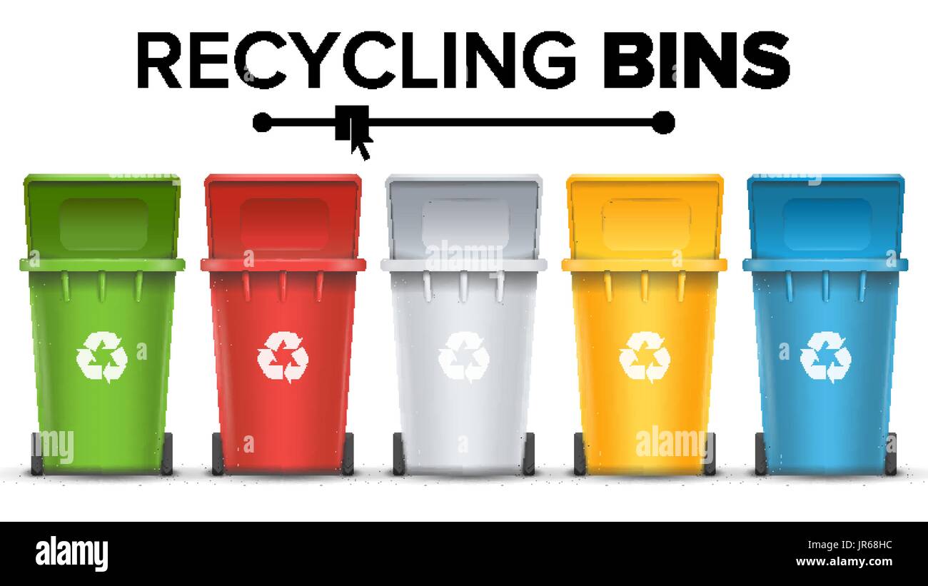 Recycling Buckets For Trash Vector. Set Of Red, Green, Blue, Yellow