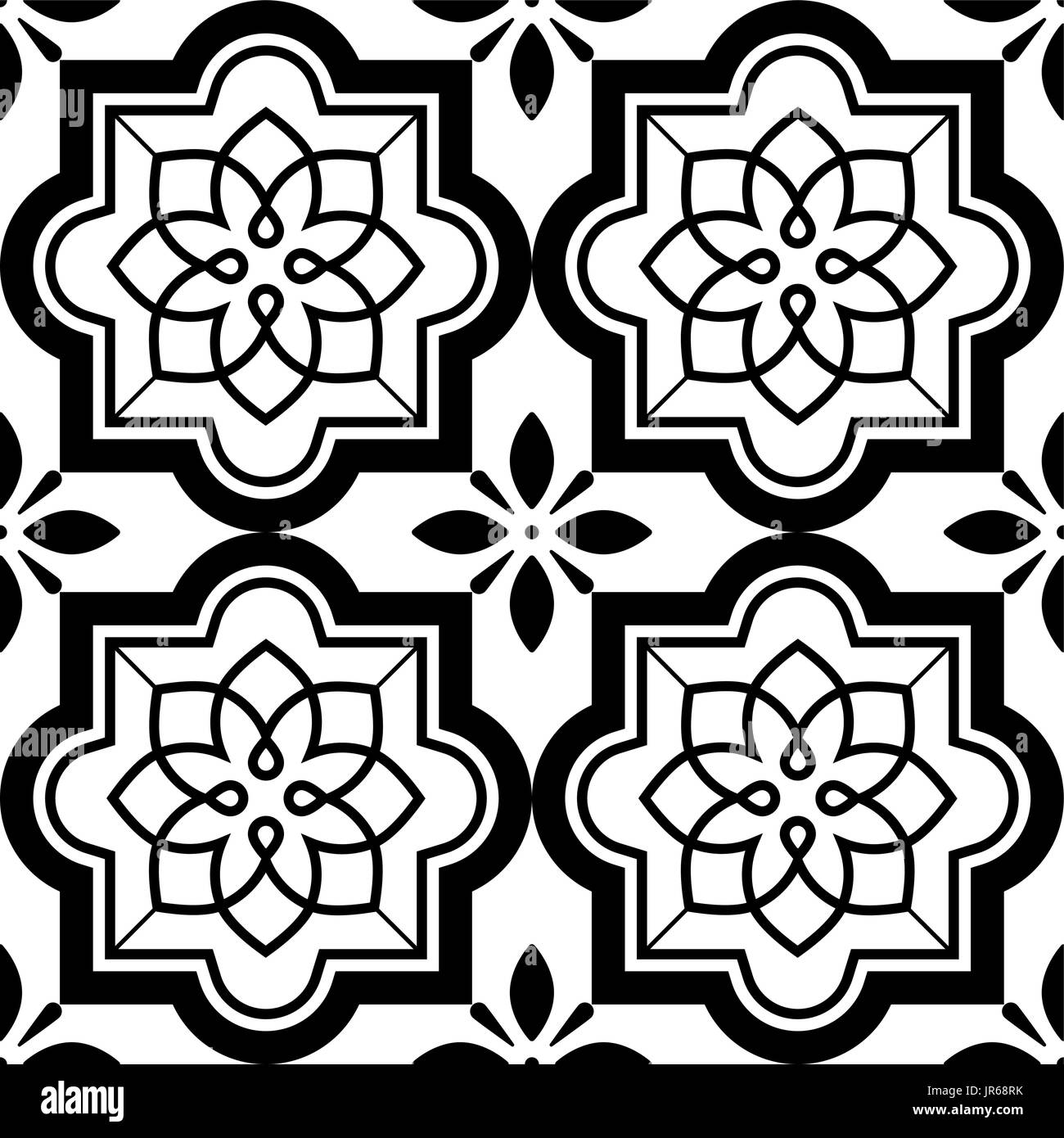 Vector tiles pattern, Lisbon floral mosaic set, Mediterranean seamless black and white ornament Stock Vector