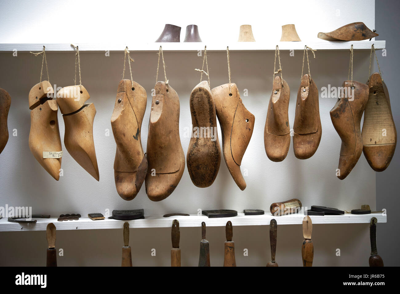 Wooden shoe Lasts from a traditional Shoemaker Stock Photo Alamy