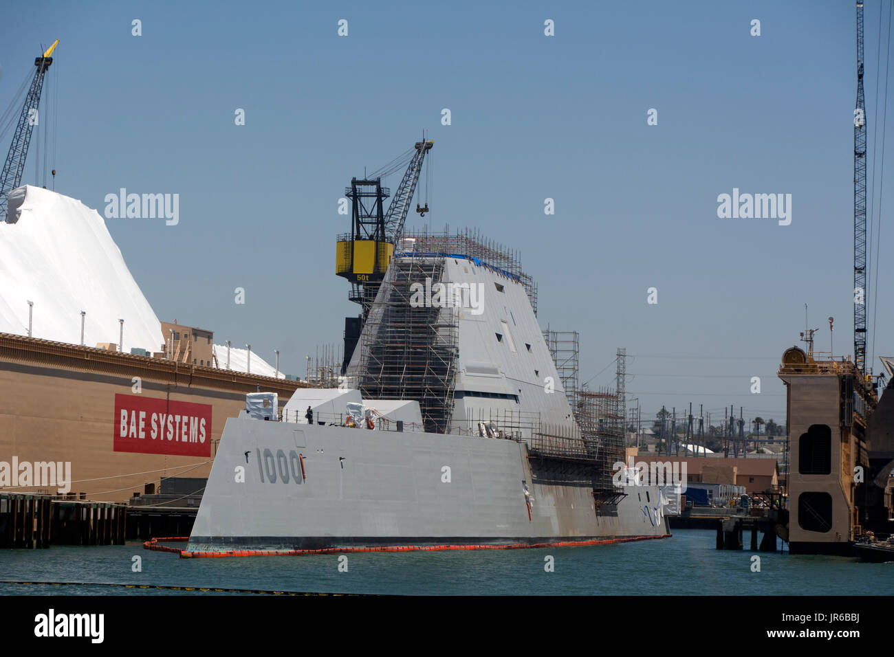 The stealth guided missile destroyer, USS Zumwalt, docked in San Diego