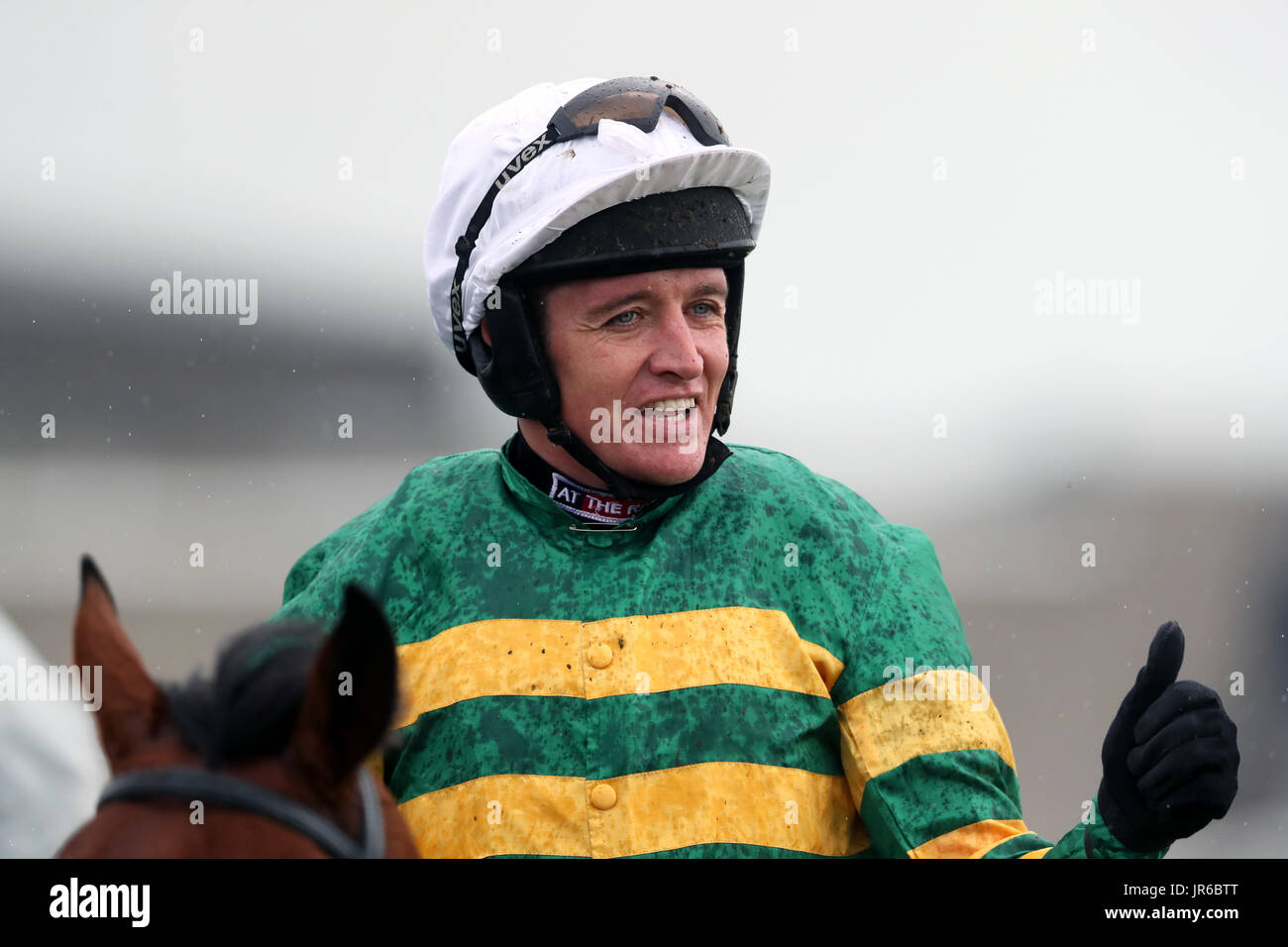 Barry Geraghty celebrates winning the Galway Hurdle on Tigris River during Ladies Day of the