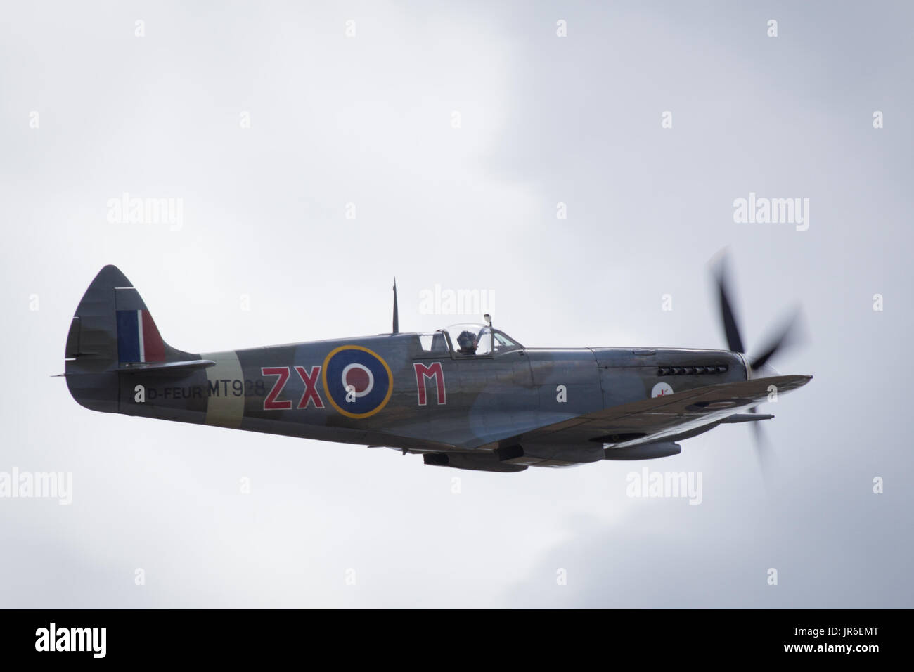 Duxford, Cambridgeshire, UK - July 12th, 2015: A Supermarine Spitfire performs at Duxford Flying Legends Stock Photo