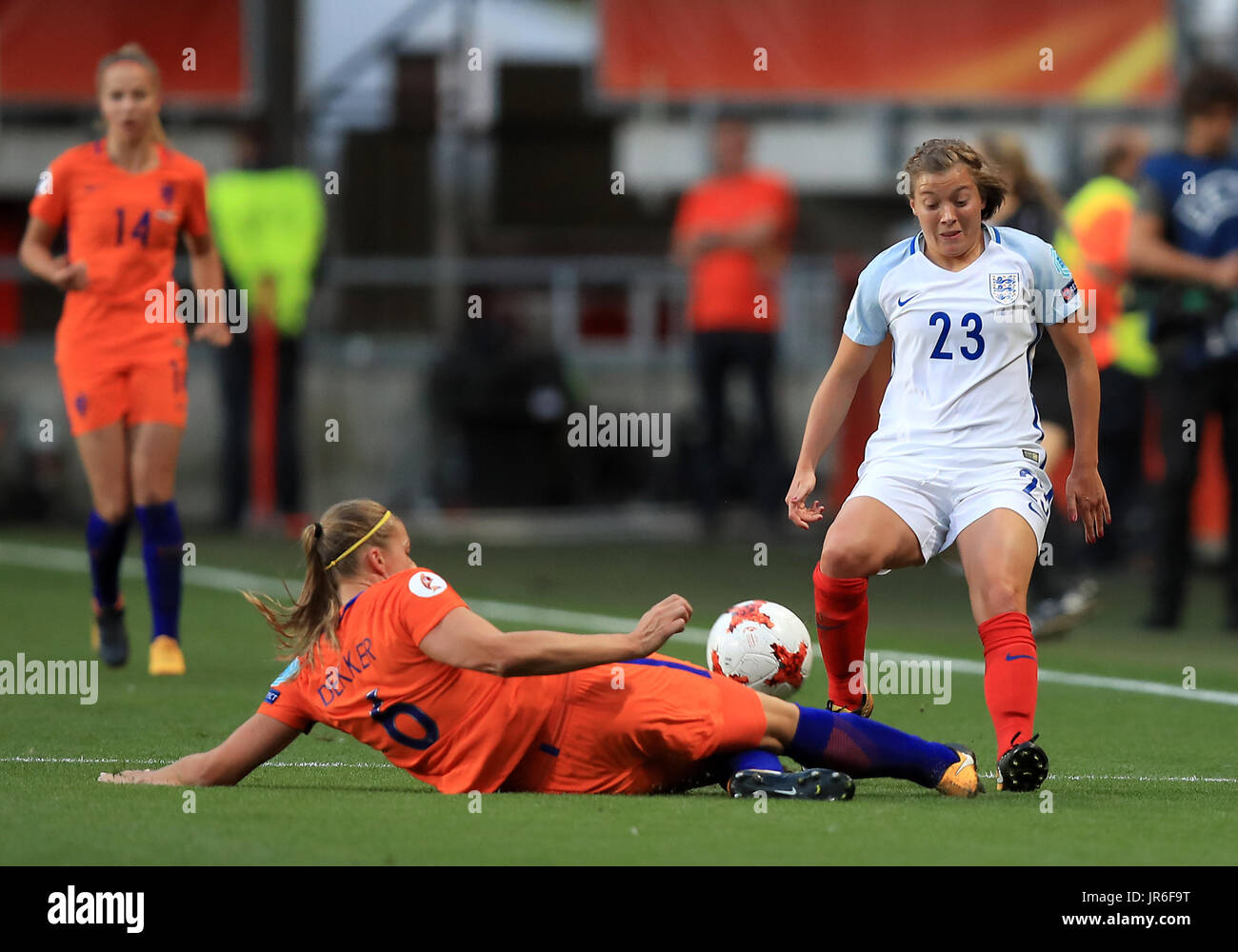 Netherland's Anouk Dekker (left) and England's Francesca Kirby (right) battle for the ball during the UEFA Women's Euro 2017 match at the De Grolsch Veste, Enschede. Stock Photo