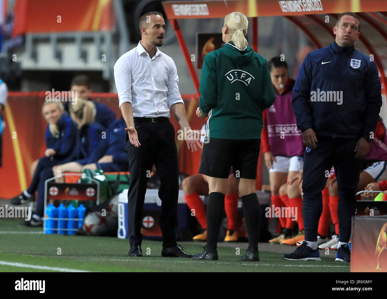 England manager Mark Sampson argues with the forth official during the