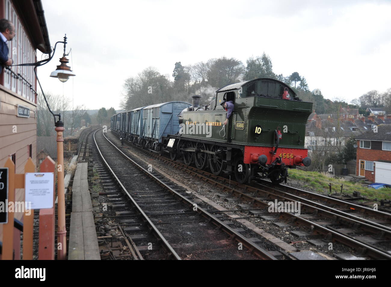 '4566' enters Bewdley Station with a goods train. Severn Valley Railway. Stock Photo