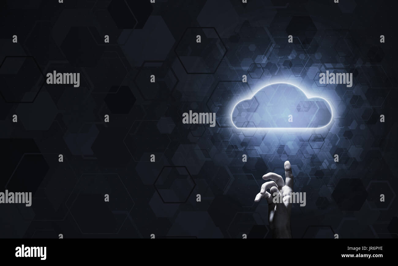 Technology idea concept with glowing cloud icon and touching it Stock ...