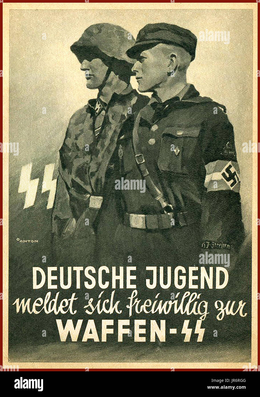 WAFFEN SS Recruitment Vintage WW2 1940's German Propaganda poster speaking to German/Hitler Youth to report and join freely to The Waffen SS Stock Photo
