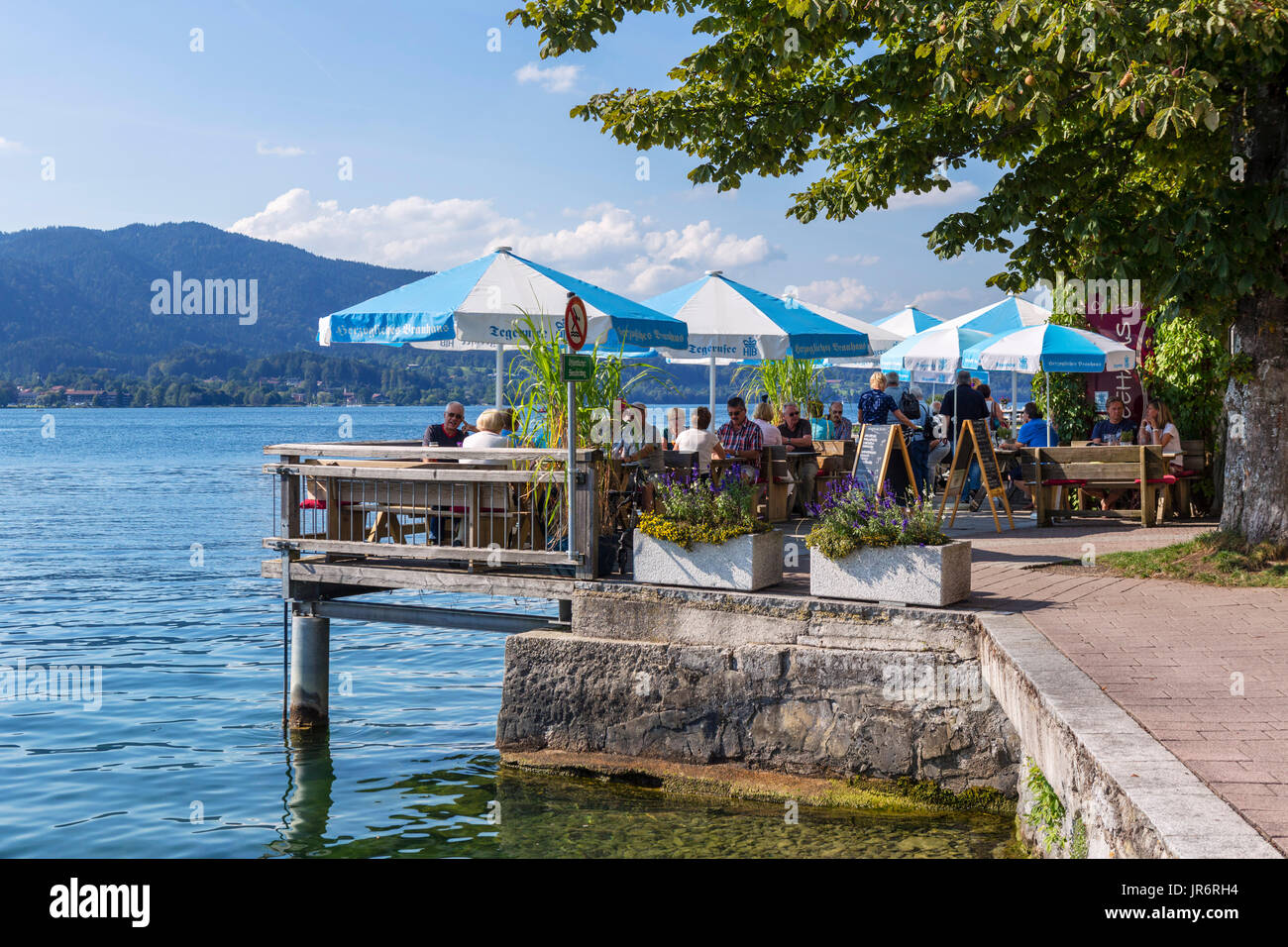 Cafe on the lakefront in Tegernsee, Lake Tegernsee, Bavaria, Germany Stock Photo