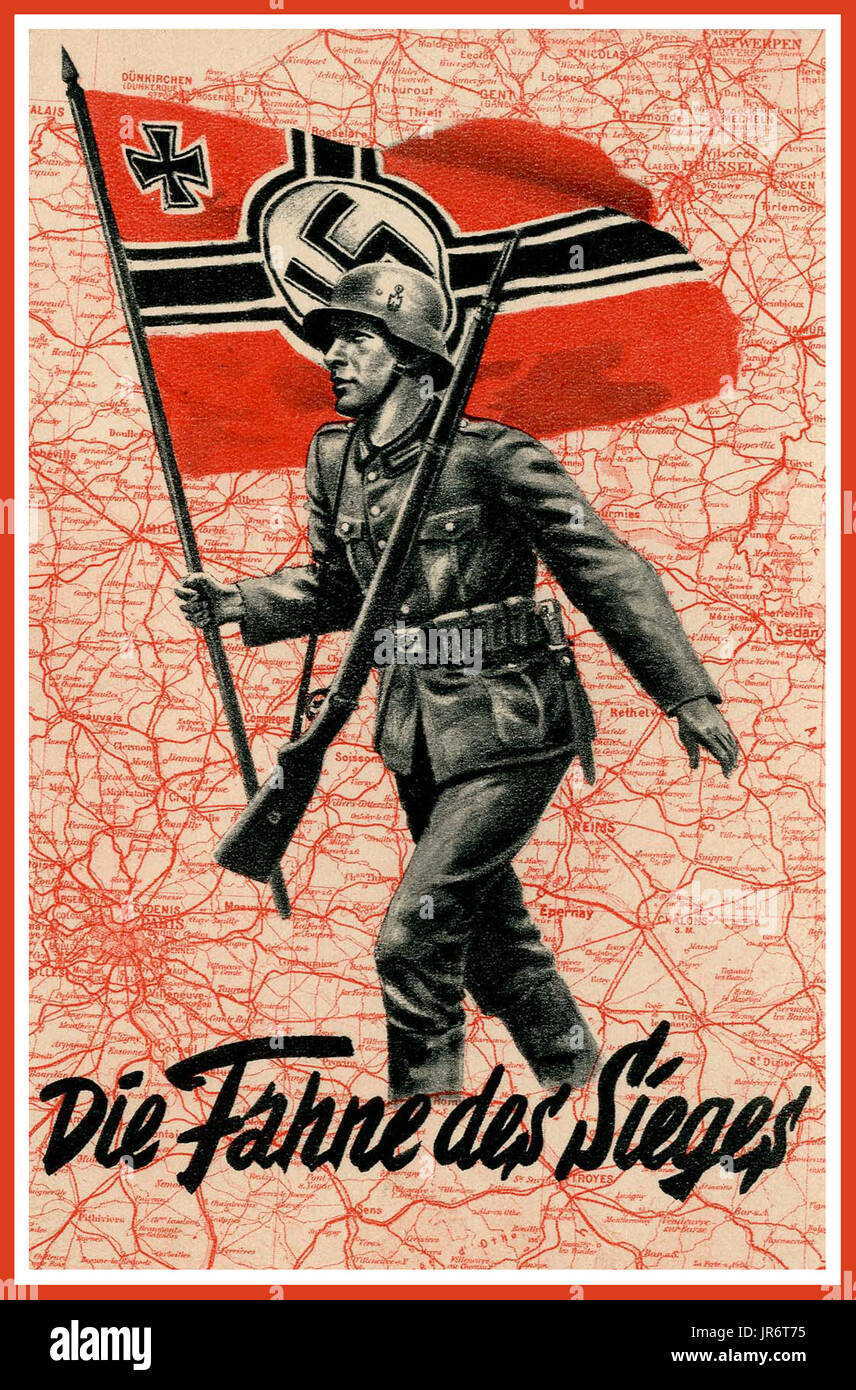 FRANCE OCCUPATION NAZI GERMANY Vintage Nazi Germany WW2  'The flag of victory' Nazi Propaganda Poster. Showing a German Wehrmacht soldier marching across a map of occupied France with the German Nazi Swastika Military Flag World War II Second World War Stock Photo