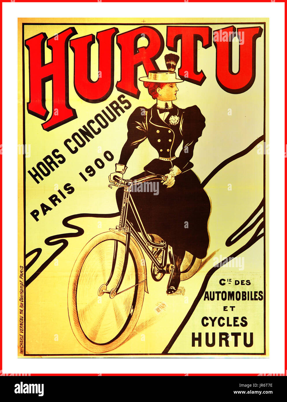 Vintage French Bicycle sales poster 1900 Hurtu cycling promotional poster by Charles Verneau bicycle Stock Photo