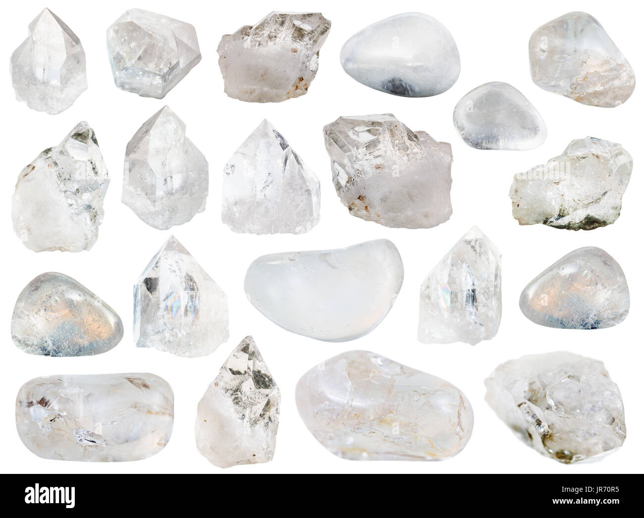 collection of various natural rock crystals (clear quartz, rhinestone, rockcrystal) isolated on