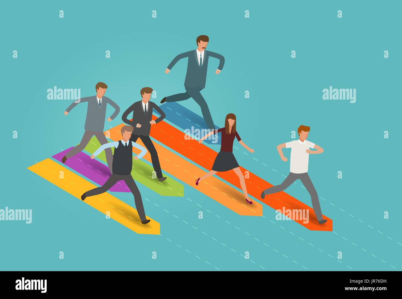 Startup, career, business concept. Businessman and group of business people running to the goal. Infographics vector illustration Stock Vector