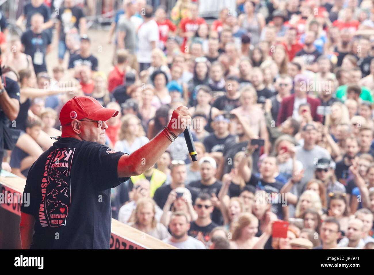 Kostrzyn, Poland. 3rd August, 2017. Jurek Owsiak, Festival founder and conductor, during the 23rd Woodstock Festival Poland opening ceremony. Credit: Maciej Bledowski/Alamy Live News Stock Photo