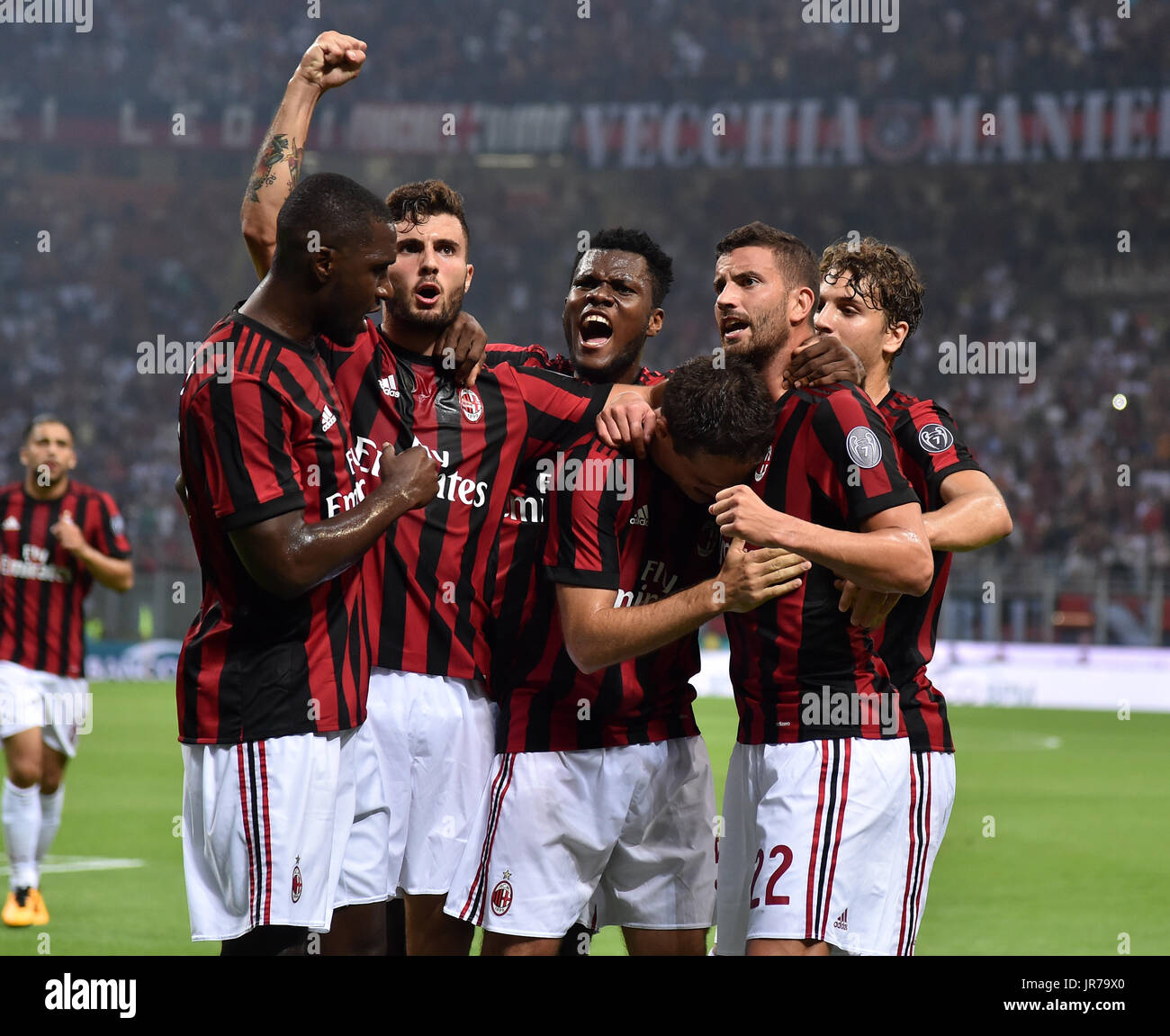 Milan, Italy. 3rd Aug, 2017. Players of AC Milan celebrate after scoring  during the Europa League third qualifying round second leg soccer match  against U Craiova at the San Siro Stadium in