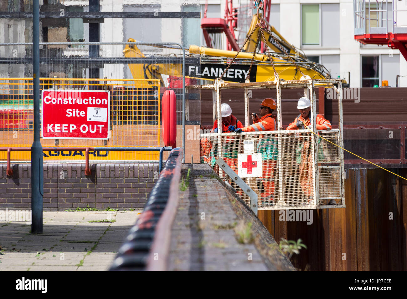 London, UK. 3rd August 2017. Construction work taking place at the Chambers Wharf site on the River Thames near Tower Bridge. The Thames Tideway Tunnel will be an under-construction 16 mile tunnel running under the tidal section of the River Thames to deal with raw sewage and rainwater discharges that currently overflow into the river. Starting in 2016, construction of the Thames Tideway Tunnel will take seven to eight years, giving a target completion date of 2023 and will cost an estimated £4.2 billion. Credit: Vickie Flores/Alamy Live News Stock Photo