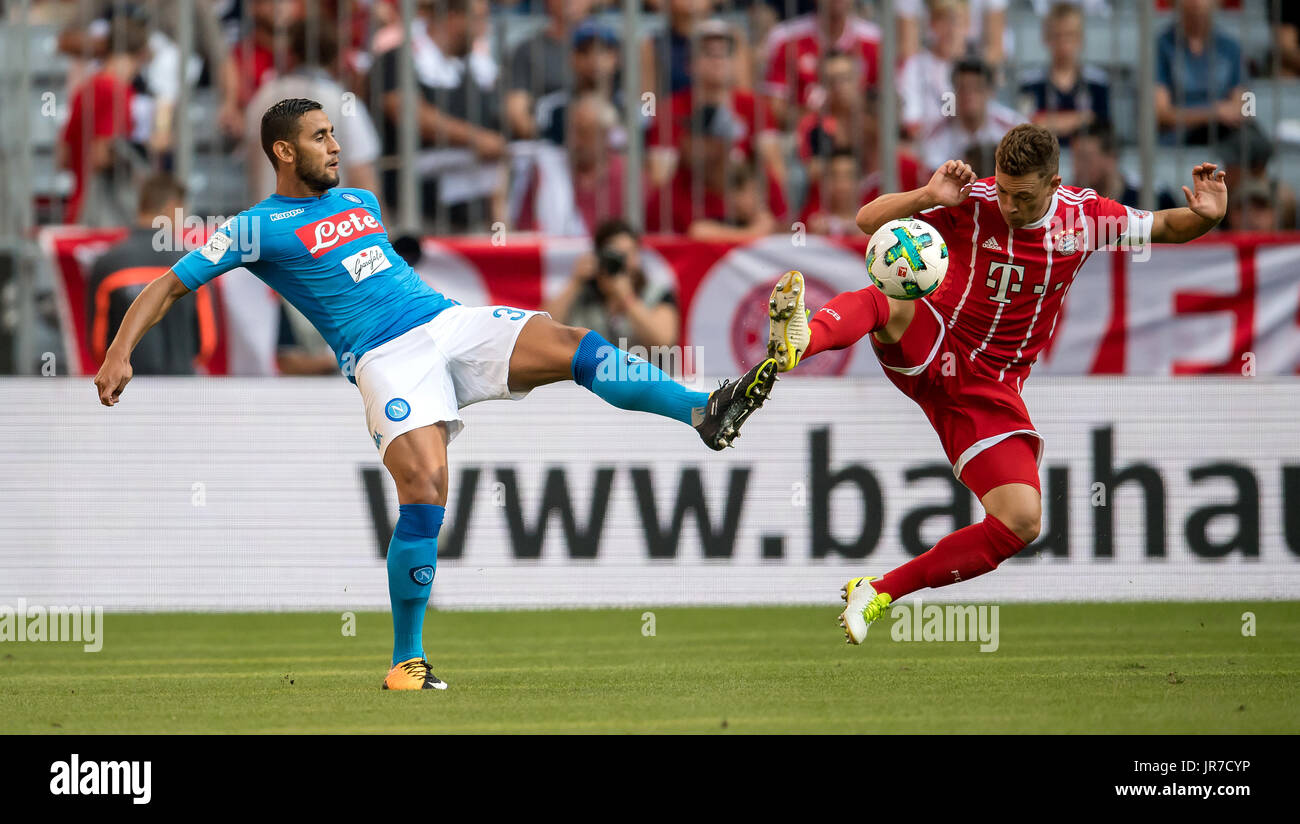 Bayern's Joshua Kimmich (R) in action against Napoli's Faouzi Ghoulam (L) during the game against SSC Napoli during the AUDI Cup 2017 in the Allianz Arena in Munich, Germany, 2 August 2017.        - NO WIRE SERVICE · Photo: Thomas Eisenhuth/dpa-Zentralbild/ZB Stock Photo