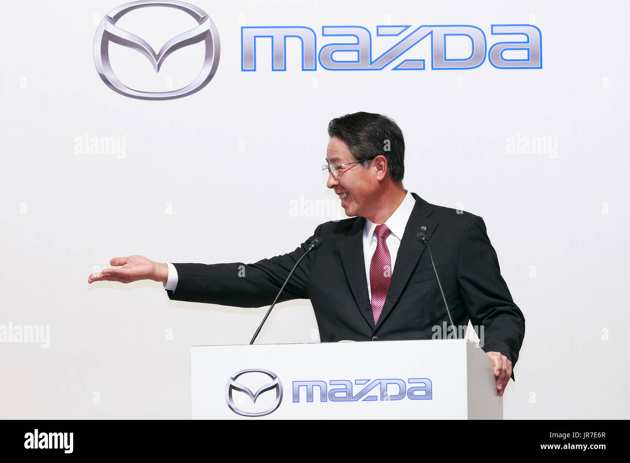 Mazda Motor Corporation President and CEO Masamichi Kogai speaks during a news conference at the Royal Park Hotel Tokyo on August 4, 2017, Tokyo, Japan.　Kogai and Toyota Motor Corporation President Akio Toyoda announced an alliance between the car makers; whereby they will invest in each other and plan to build a joint auto factory in the U.S. and cooperate in new technologies for electric vehicles. Credit: Rodrigo Reyes Marin/AFLO/Alamy Live News Stock Photo