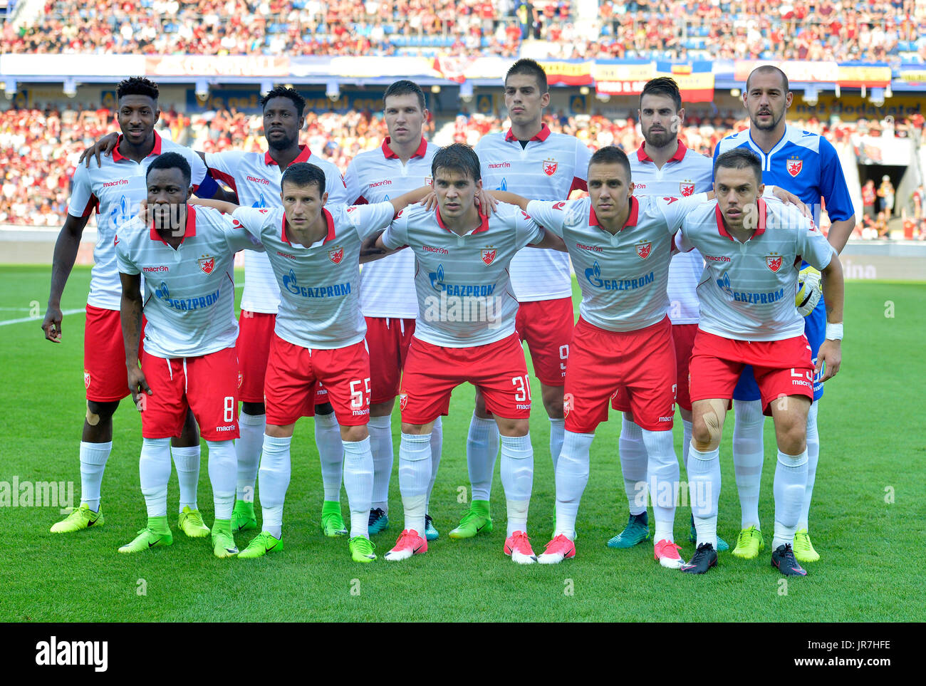 Prague, Czech Republic. 03rd Aug, 2017. Team of Red Star Belgrade (FKCZ, Crvena zvezda) pose prior to the 3rd qualifying round, Football European League match AC Sparta Praha vs Red Star Belgrade in Prague, Czech Republic, August 3, 2017. Credit: Katerina Sulova/CTK Photo/Alamy Live News Stock Photo