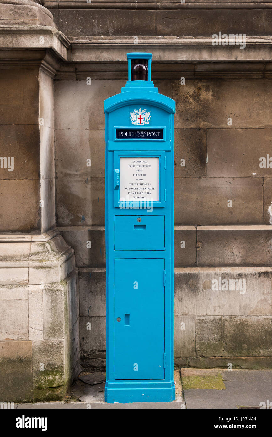 Old City of London police telephone pillar at St. Lawrence Jewry church, Guildhall Yard, London. Stock Photo