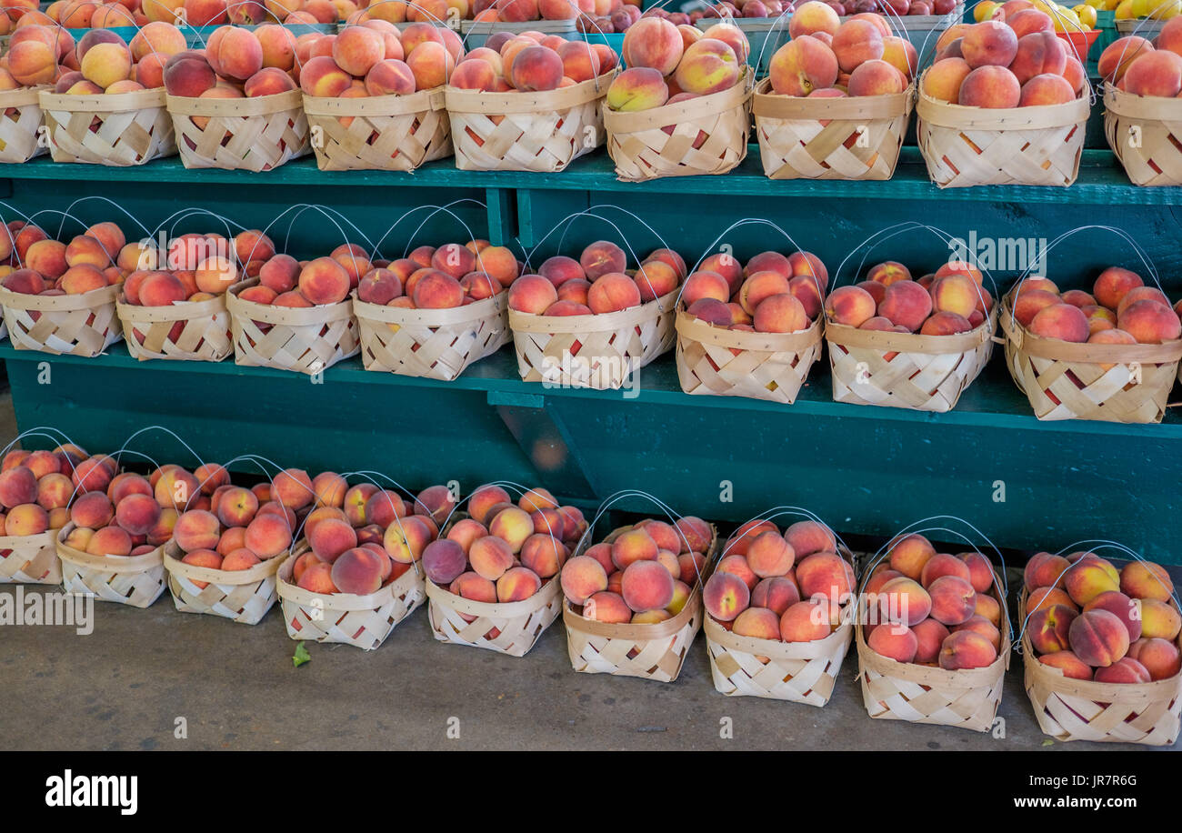Ripe, fresh picked peaches at a roadside farmers market in Alabama, USA. Stock Photo