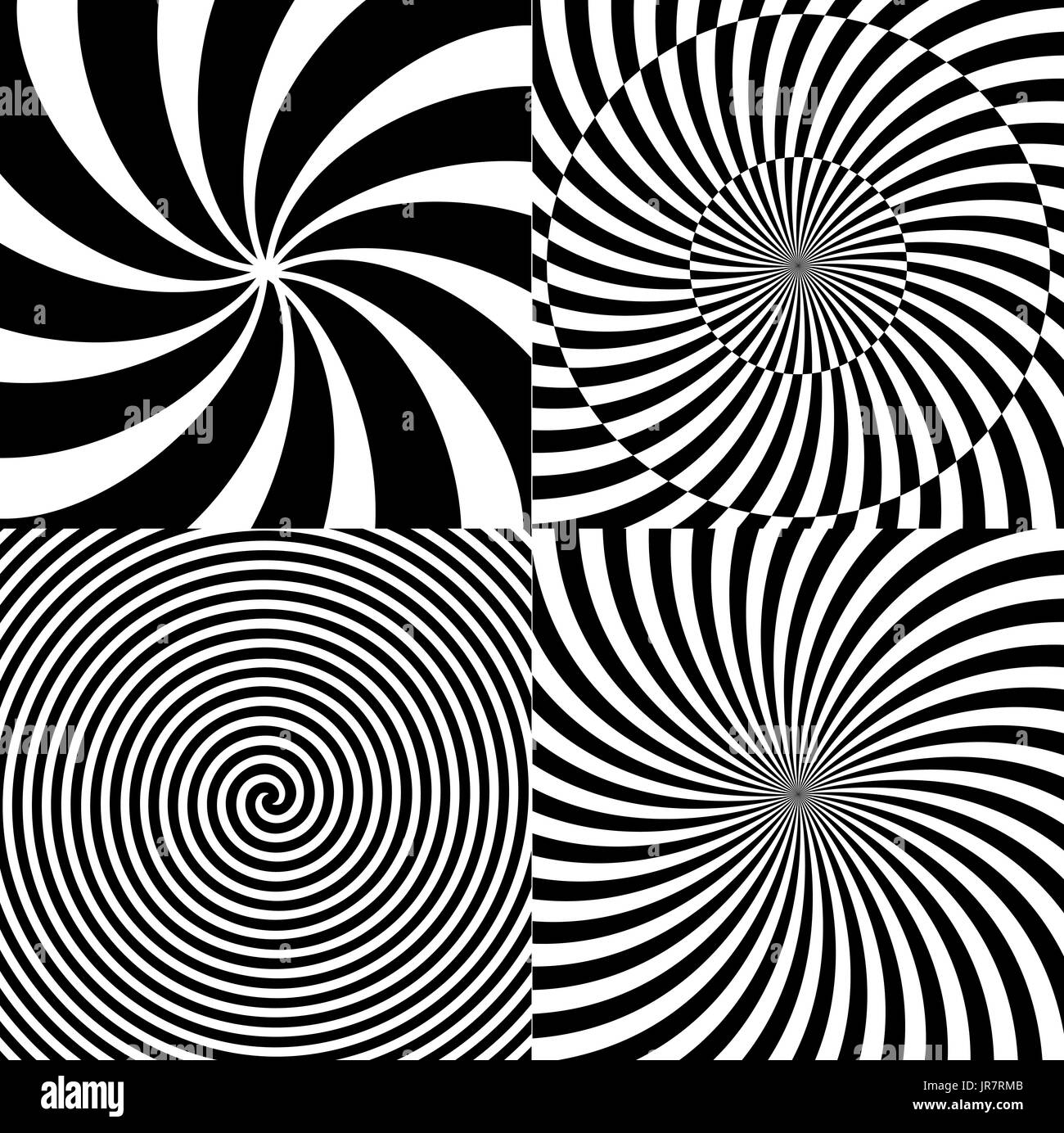 Black and White Hypnotic Psychedelic Spiral with Radial Rays, Twirl Background Collection Set Pattern. Vector Illustration Stock Vector