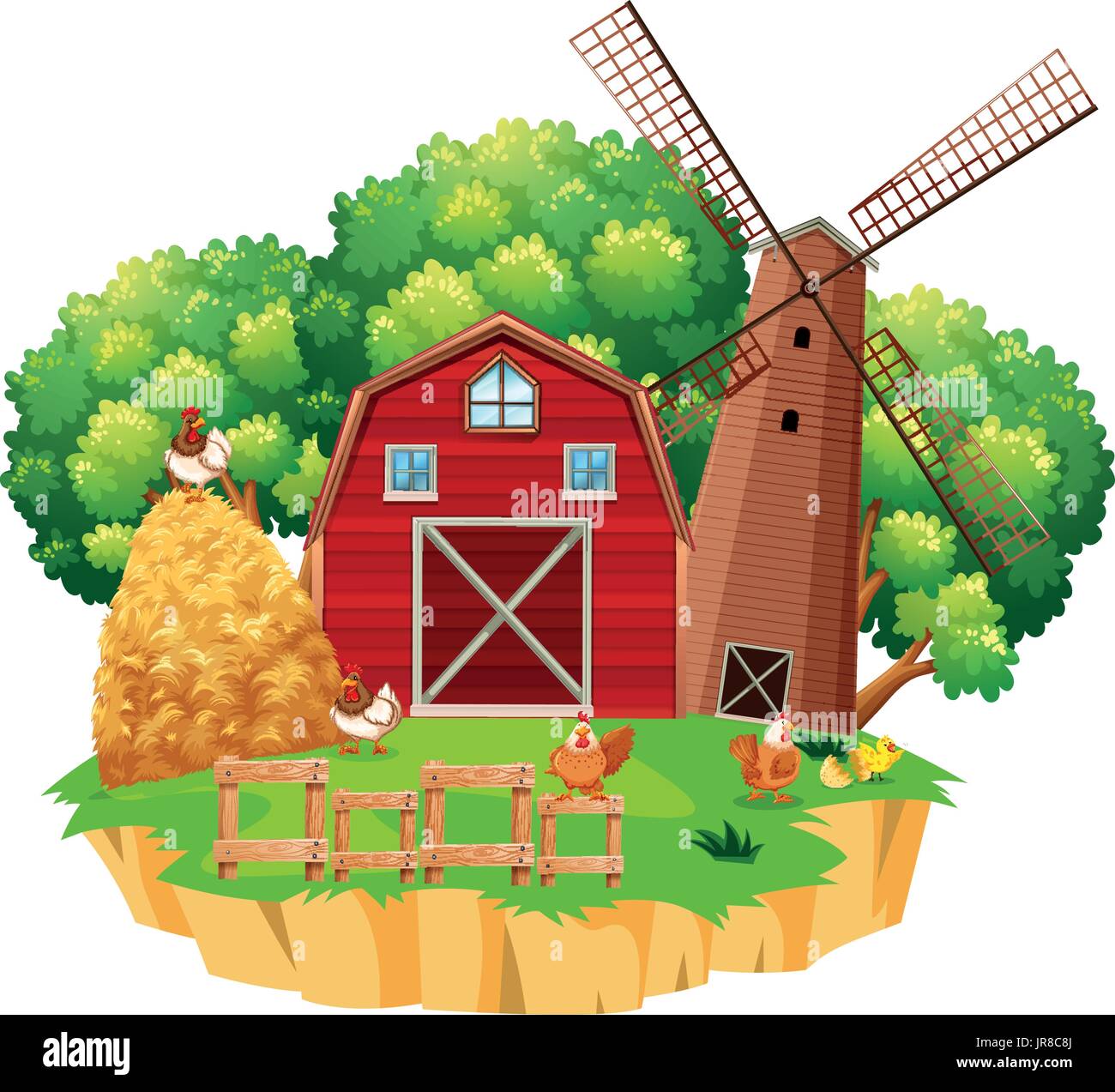 Farm scene with red barn and wooden windmill illustration Stock Vector ...
