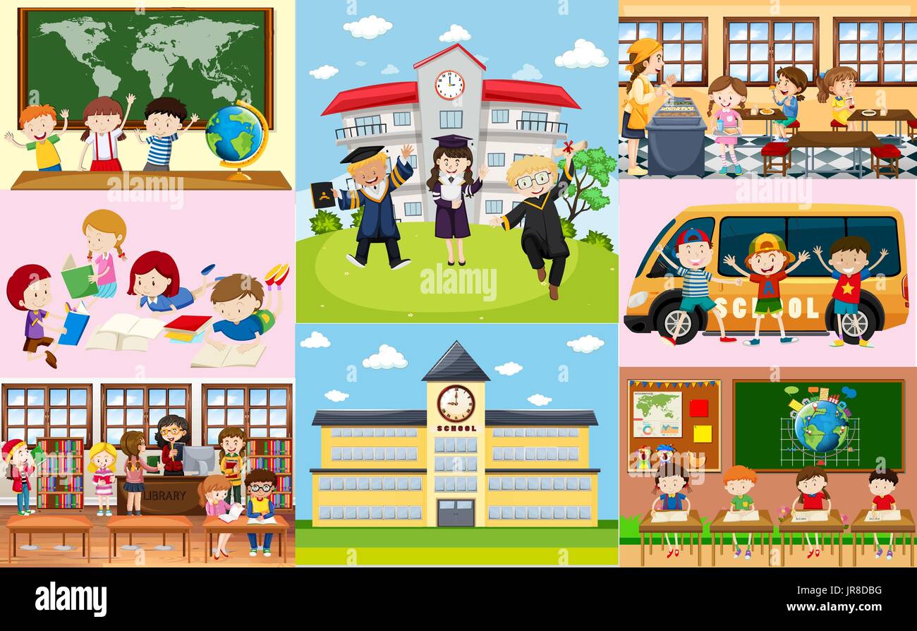 Different scenes at school with students illustration Stock Vector ...