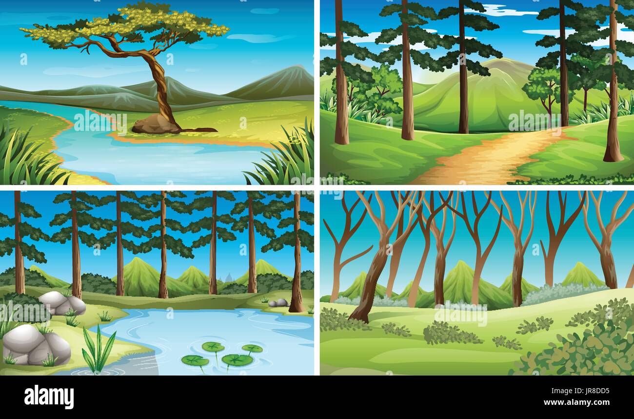 Four scenes of forest and river illustration Stock Vector Image & Art ...