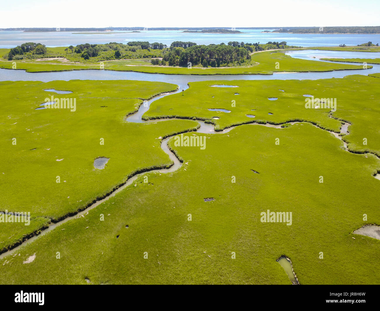 Channels wind through a marsh in Pleasant Bay, Cape Cod, Massachusetts