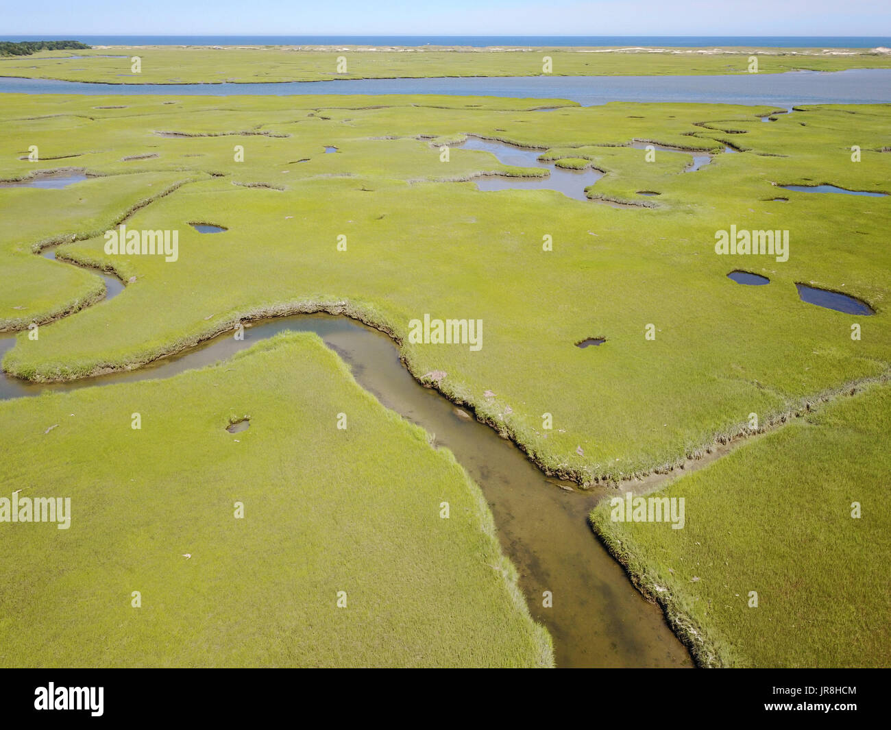 Channels wind through a marsh in Pleasant Bay, Cape Cod, Massachusetts