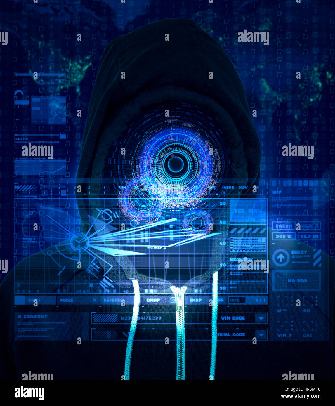 Reality augmentation of a unknown computer criminal using a bright blue HUD display for internet hacking and illegal activity Stock Photo