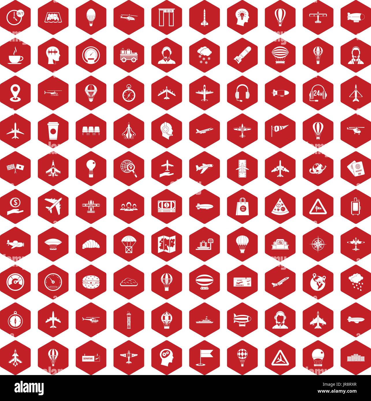 100 aviation icons hexagon red Stock Vector