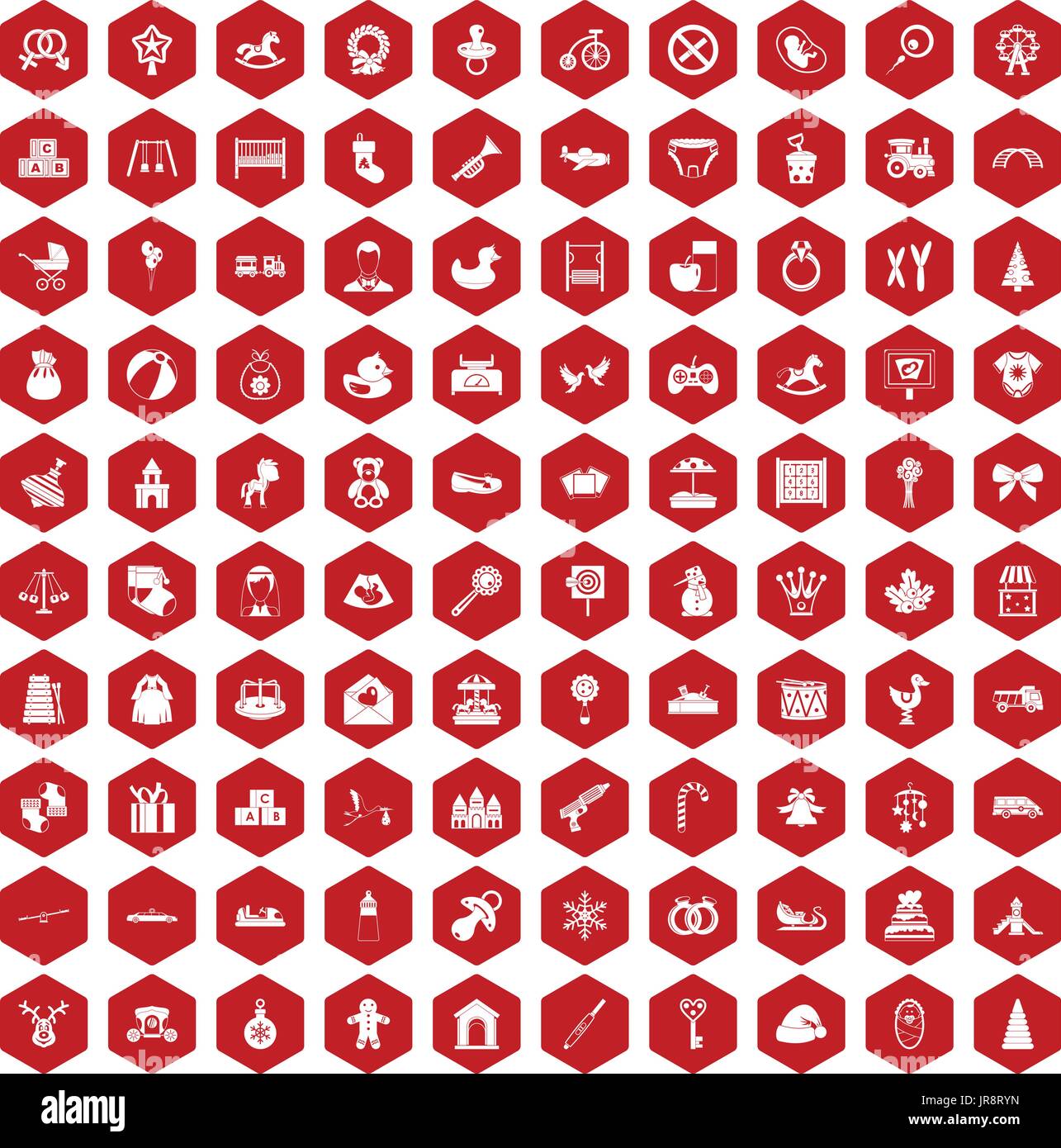 100 baby icons hexagon red Stock Vector