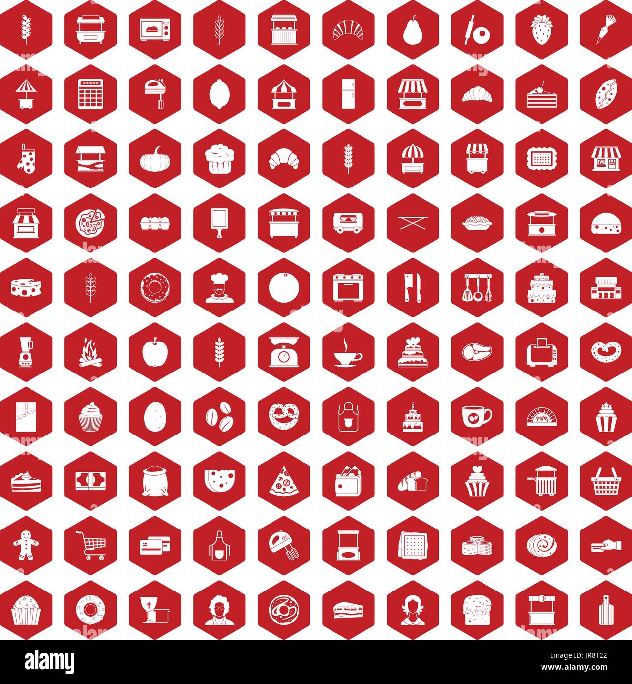 100 bakery icons hexagon red Stock Vector