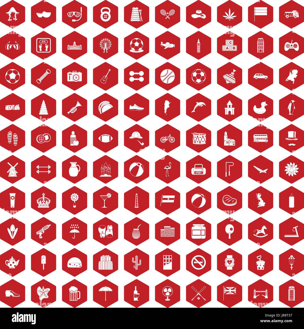 100 ball icons hexagon red Stock Vector
