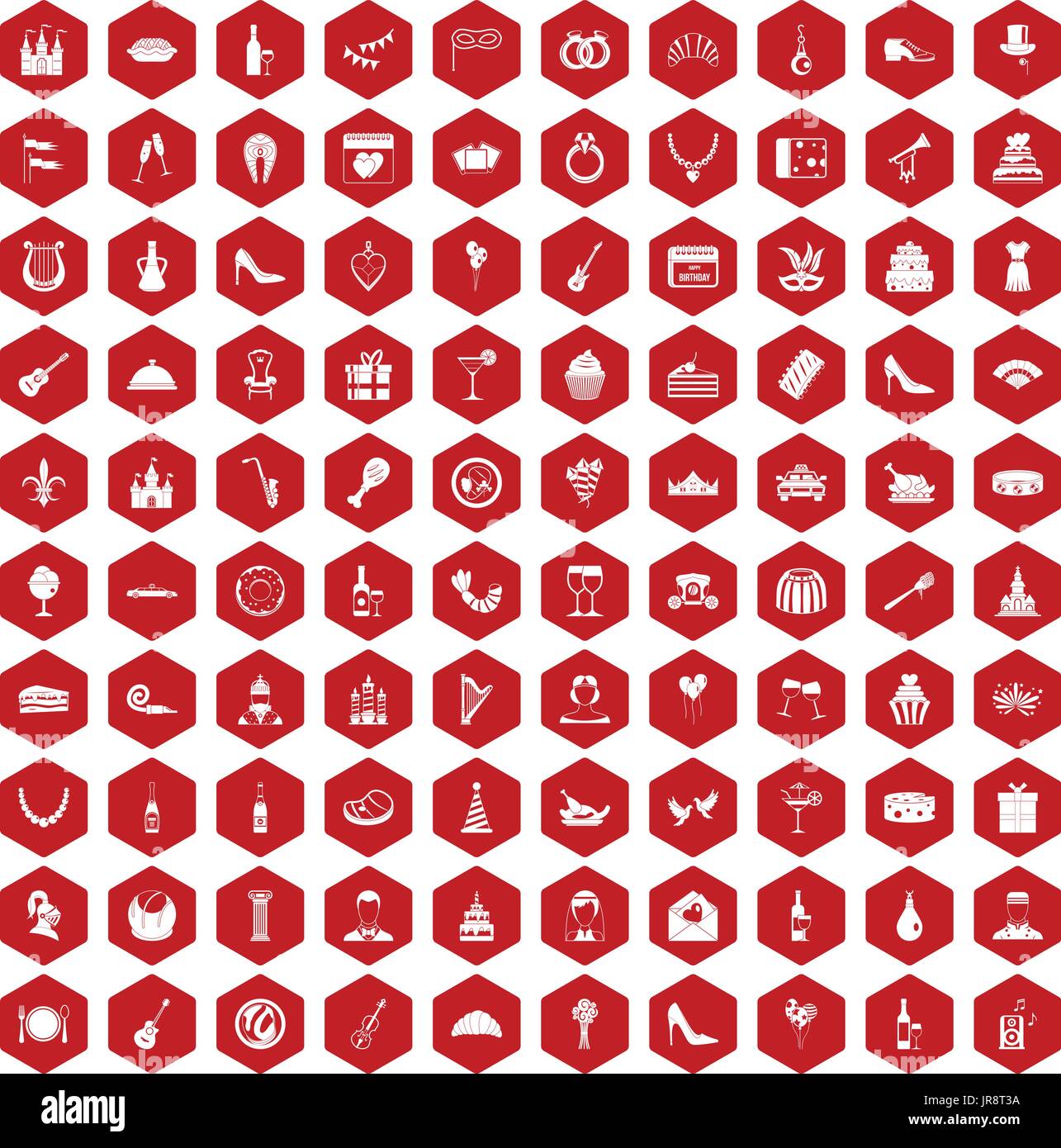 100 banquet icons hexagon red Stock Vector