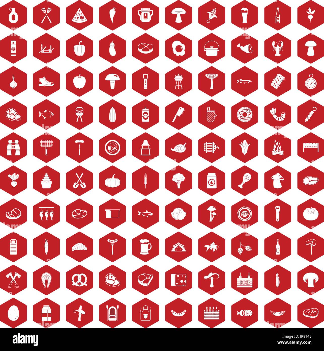 100 barbecue icons hexagon red Stock Vector