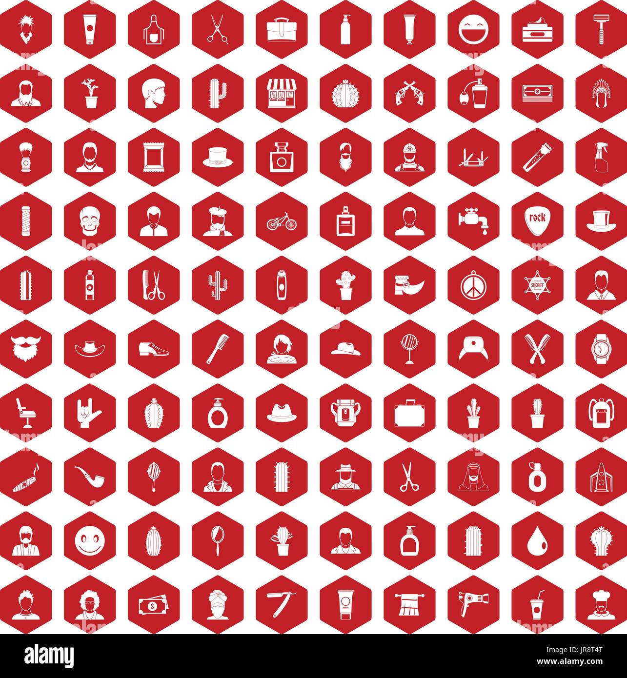 100 barber icons hexagon red Stock Vector