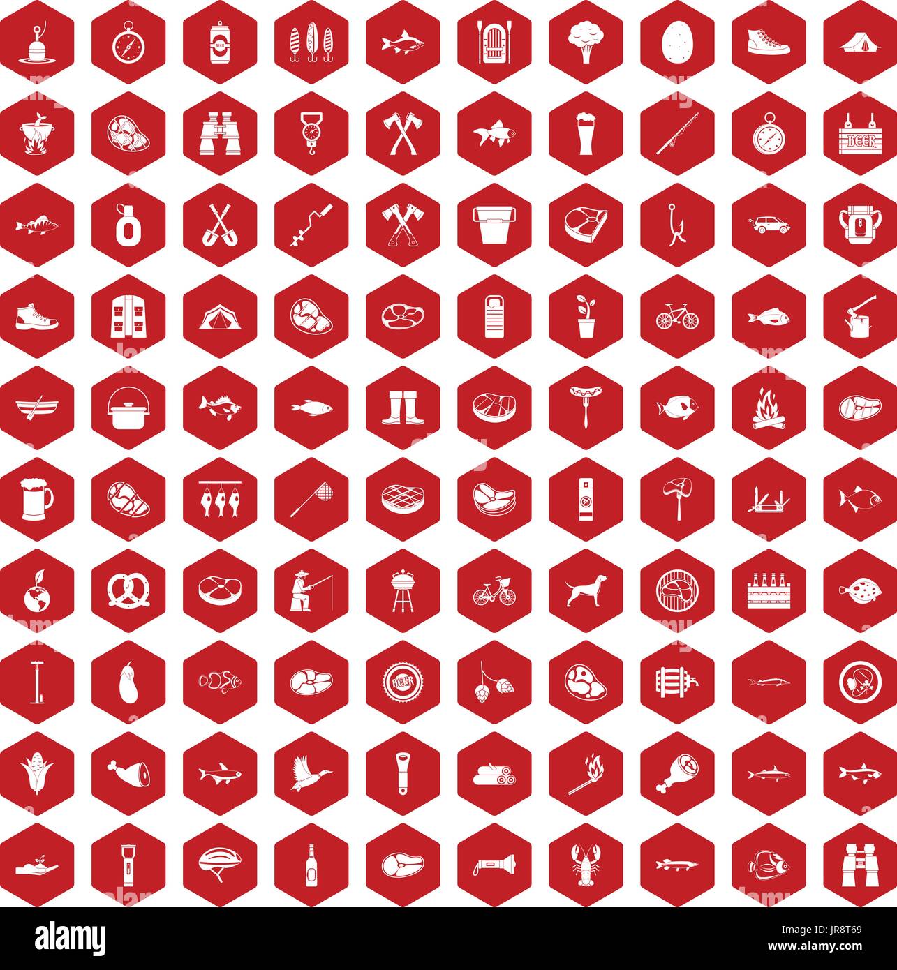 100 BBQ icons hexagon red Stock Vector