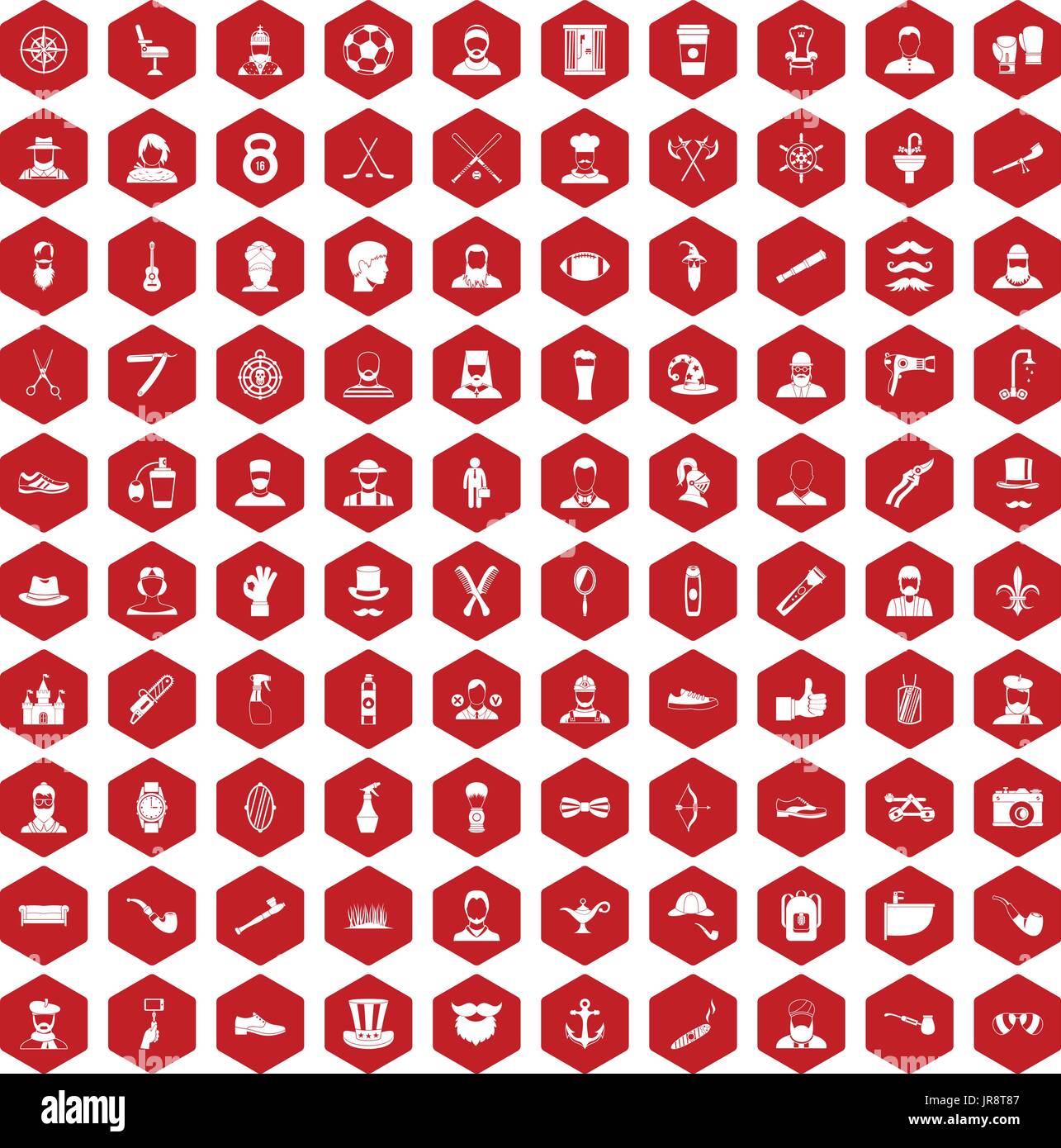 100 beard icons hexagon red Stock Vector