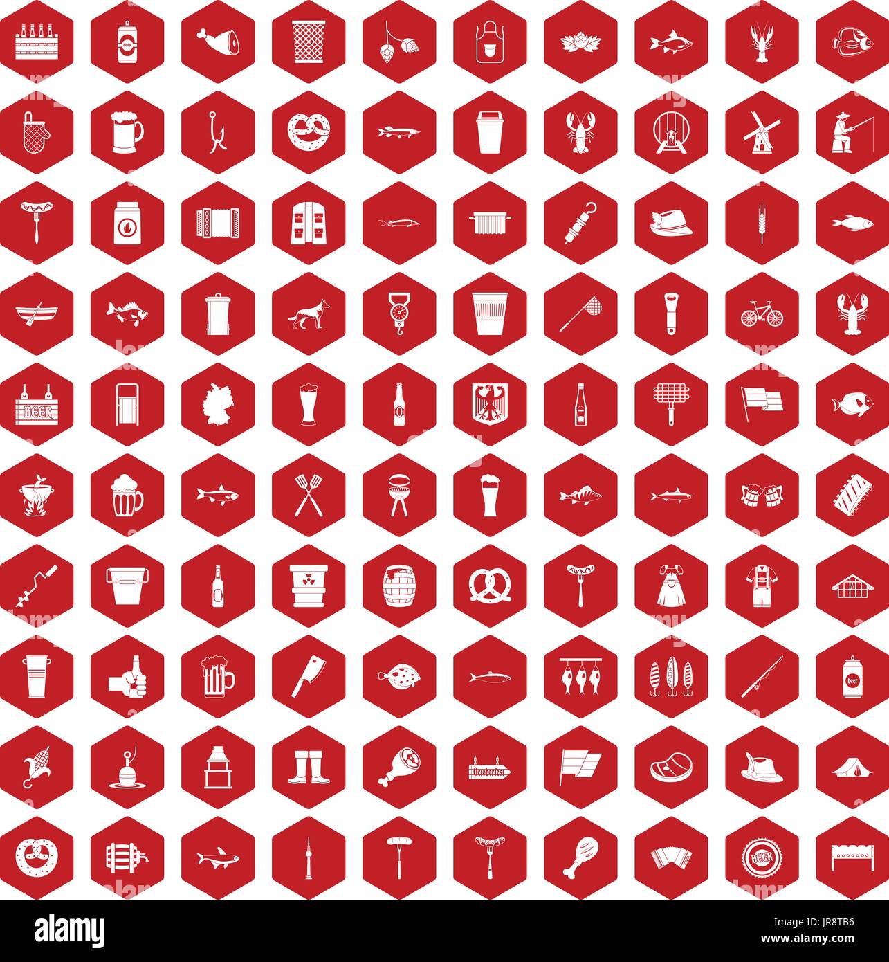100 beer icons hexagon red Stock Vector