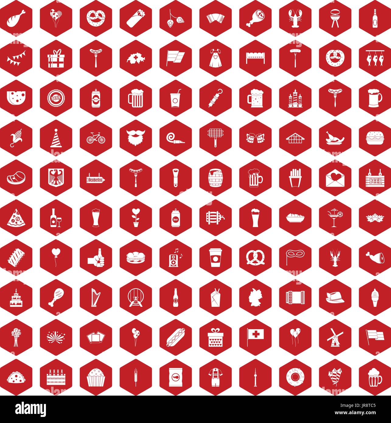 100 beer party icons hexagon red Stock Vector