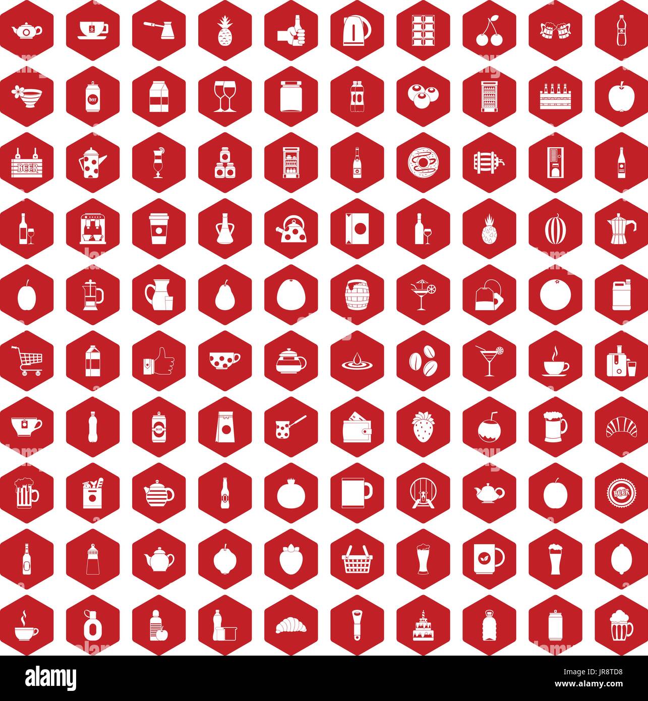 100 beverage icons hexagon red Stock Vector