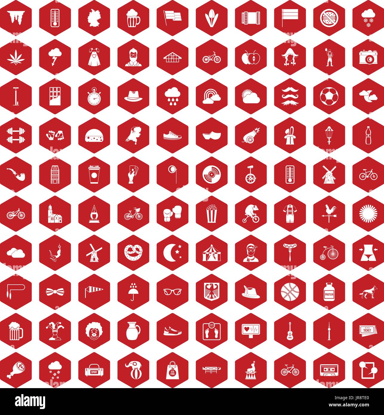 100 bicycle icons hexagon red Stock Vector