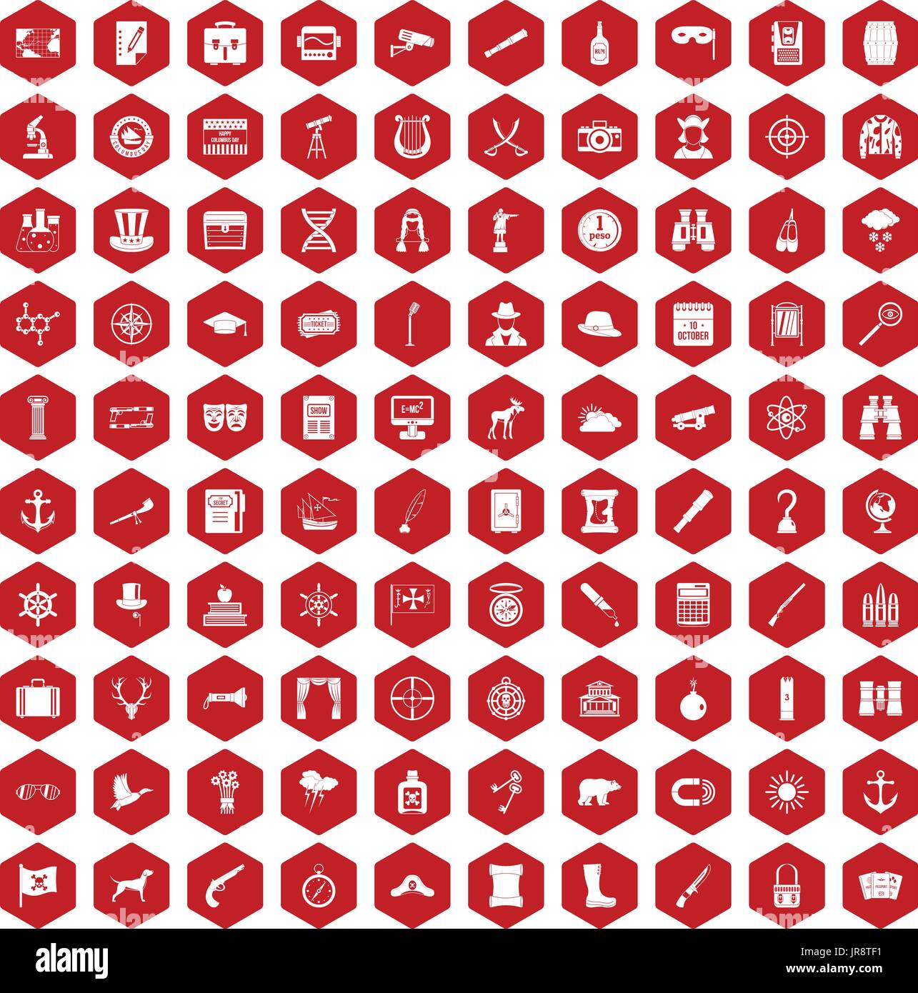 100 binoculars icons hexagon red Stock Vector