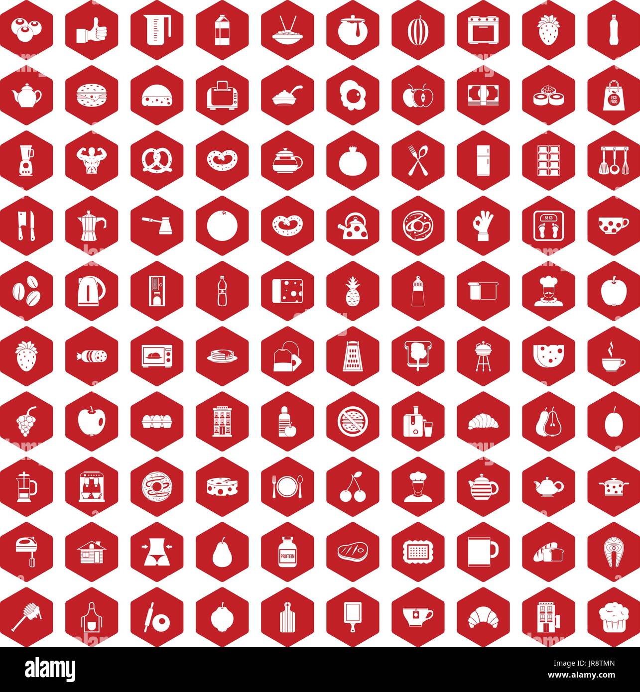 100 breakfast icons hexagon red Stock Vector