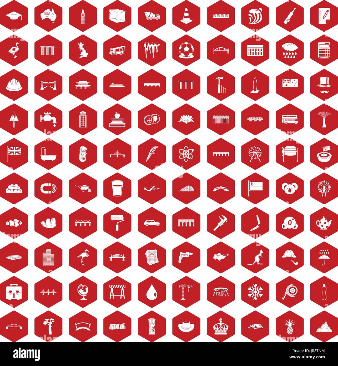 100 bridge icons hexagon red Stock Vector