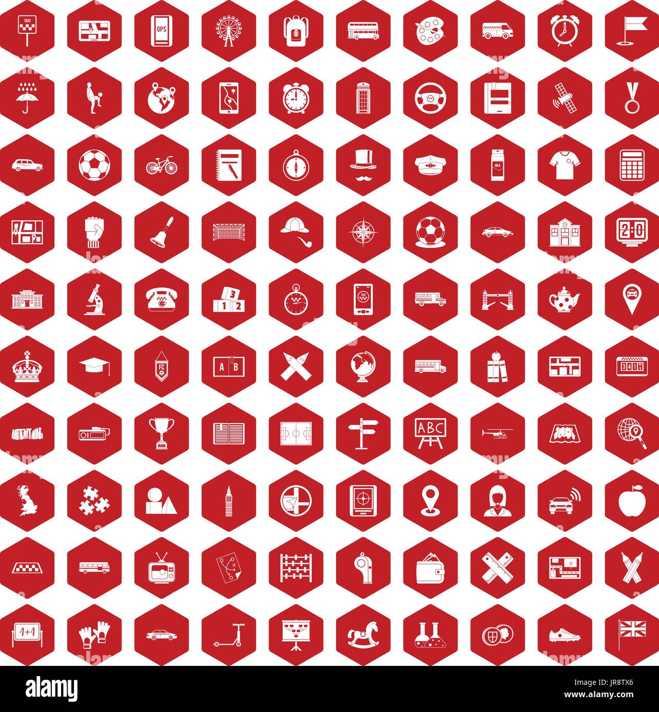 100 bus icons hexagon red Stock Vector