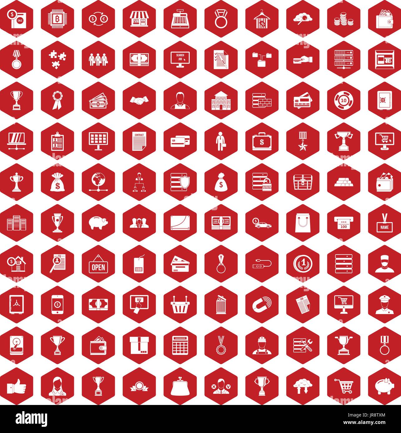 100 business icons hexagon red Stock Vector