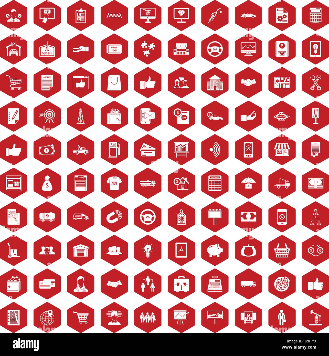 100 business icons hexagon red Stock Vector
